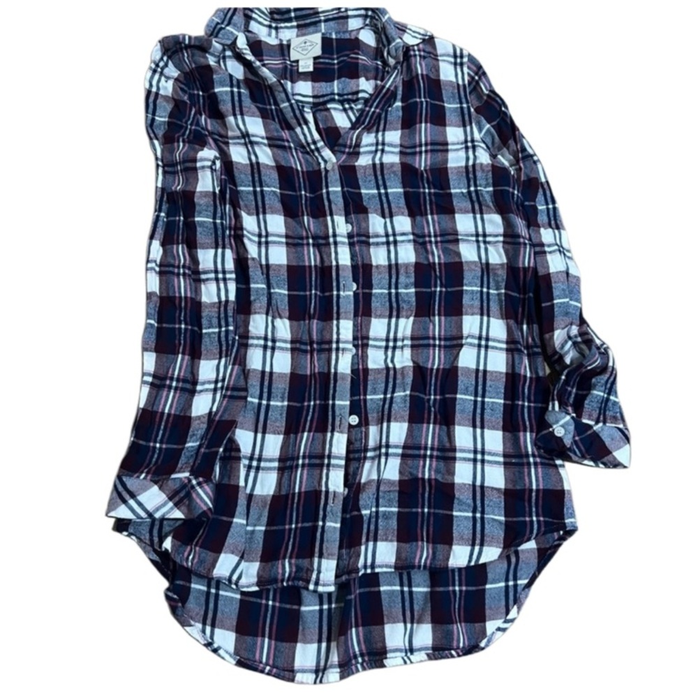 St John Bay Plaid Button-Up Shirt with purples & grays Plaid Button-Up Shirt